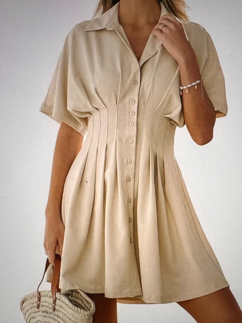Beige Button-Front Short Sleeve Fit-and-Flare Dress